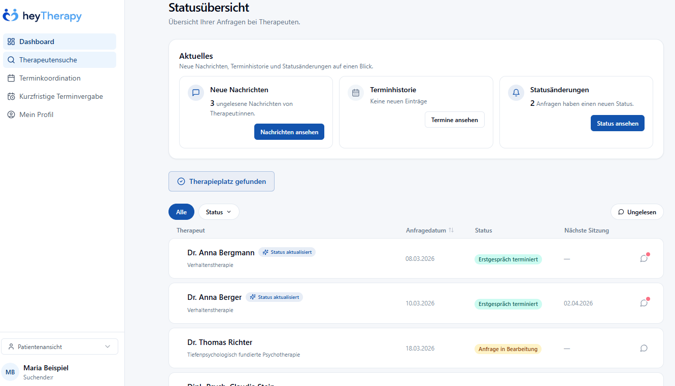 heyTherapy Dashboard für Therapieplatzsuchende