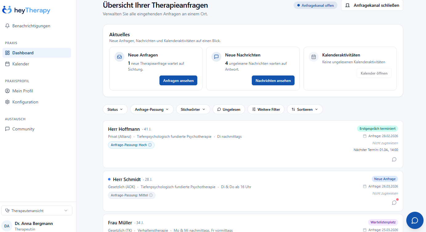 heyTherapy Dashboard für Psychotherapeut:innen